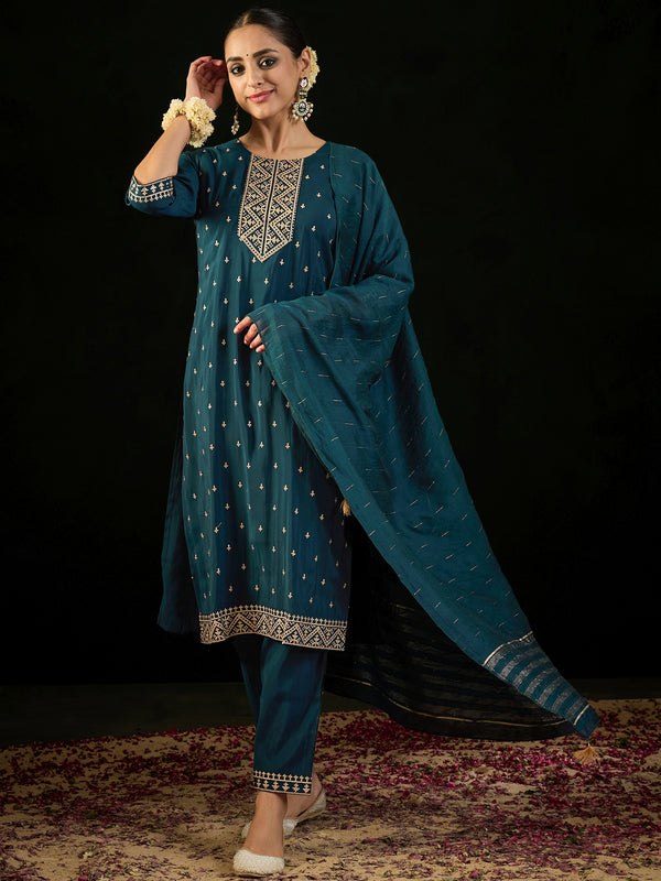 Indo Era Teal Embroidered Straight Kurta Trousers With Dupatta set - Distacart