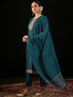 Thumbnail for Indo Era Teal Embroidered Straight Kurta Trousers With Dupatta set - Distacart