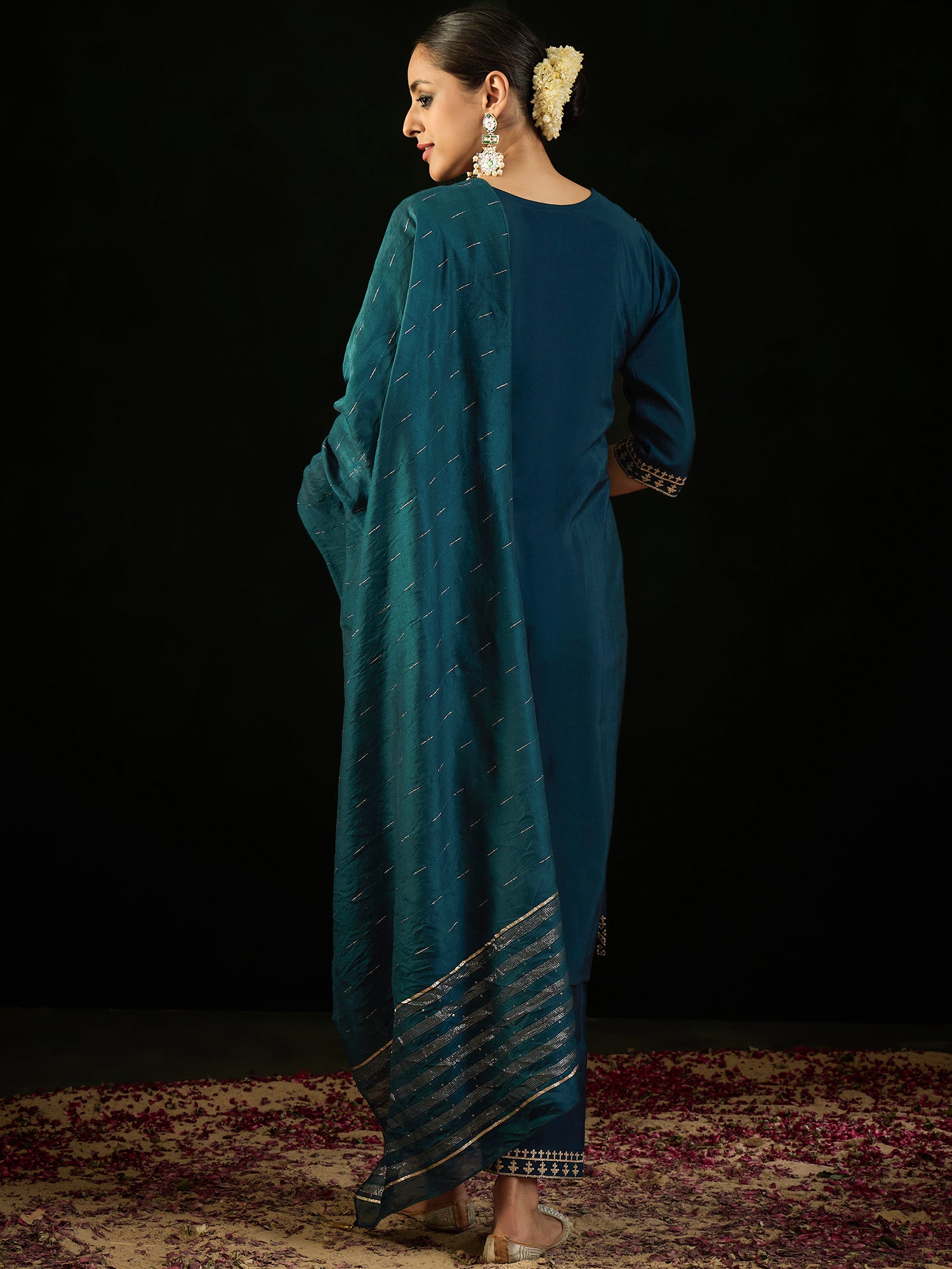 Indo Era Teal Embroidered Straight Kurta Trousers With Dupatta set - Distacart