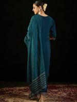 Thumbnail for Indo Era Teal Embroidered Straight Kurta Trousers With Dupatta set - Distacart