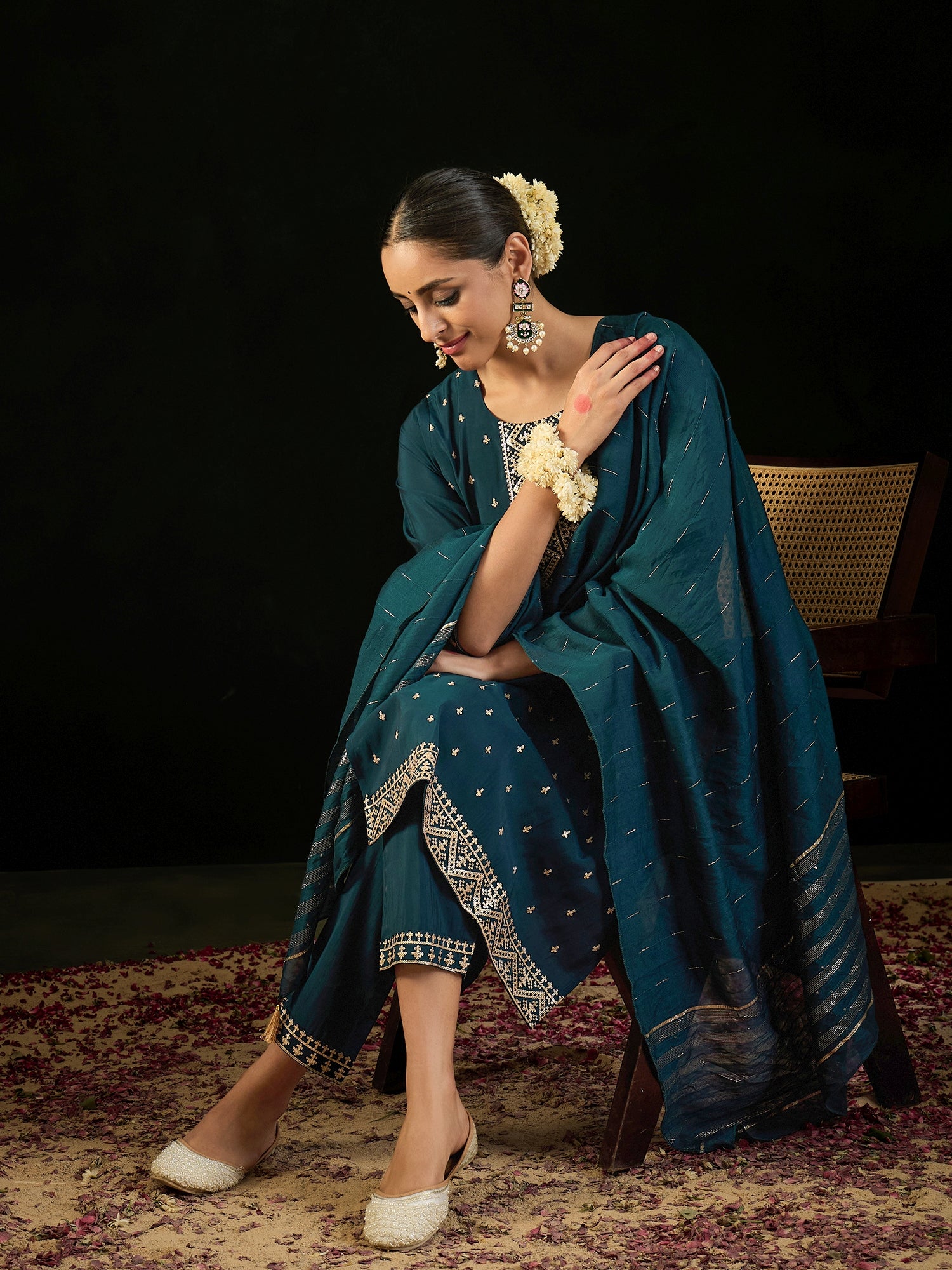 Indo Era Teal Embroidered Straight Kurta Trousers With Dupatta set - Distacart