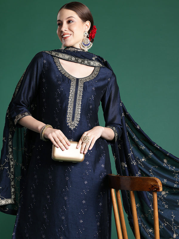 Indo Era Blue Embroidered Straight Kurta Trousers With Dupatta set - Distacart