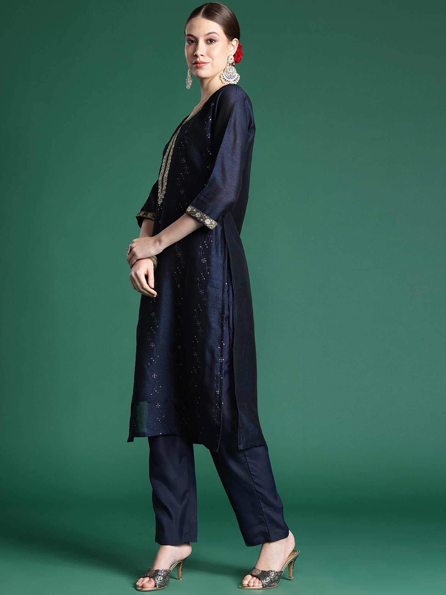 Indo Era Blue Embroidered Straight Kurta Trousers With Dupatta set - Distacart