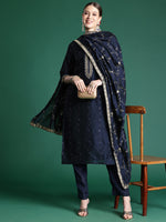 Thumbnail for Indo Era Blue Embroidered Straight Kurta Trousers With Dupatta set - Distacart