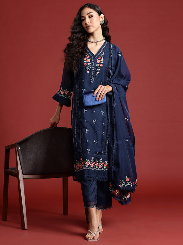 Indo Era Navy Blue Embroidered Straight Kurta Trousers With Dupatta set - Distacart
