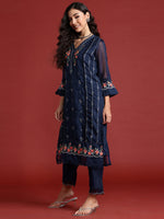 Thumbnail for Indo Era Navy Blue Embroidered Straight Kurta Trousers With Dupatta set - Distacart