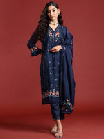 Thumbnail for Indo Era Navy Blue Embroidered Straight Kurta Trousers With Dupatta set - Distacart