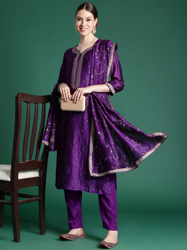 Indo Era Purple Embroidered Straight Kurta Trousers With Dupatta set - Distacart