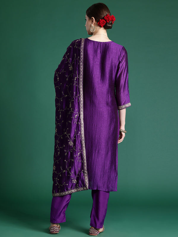 Indo Era Purple Embroidered Straight Kurta Trousers With Dupatta set - Distacart