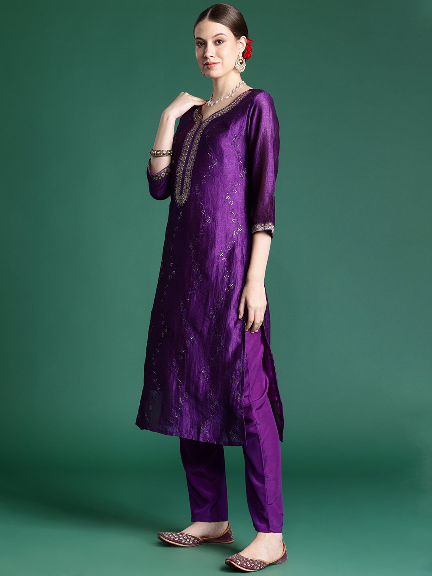 Indo Era Purple Embroidered Straight Kurta Trousers With Dupatta set - Distacart
