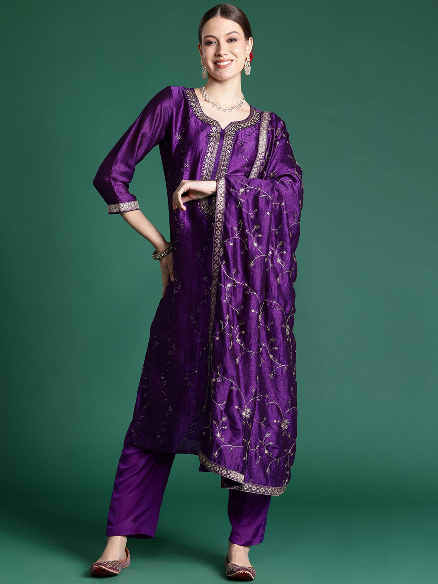 Indo Era Purple Embroidered Straight Kurta Trousers With Dupatta set - Distacart