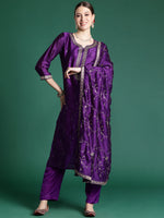 Thumbnail for Indo Era Purple Embroidered Straight Kurta Trousers With Dupatta set - Distacart