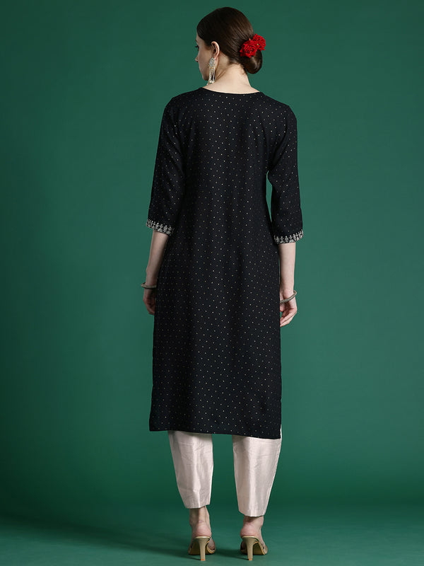 Indo Era Black Embroidered Straight Kurta - Distacart