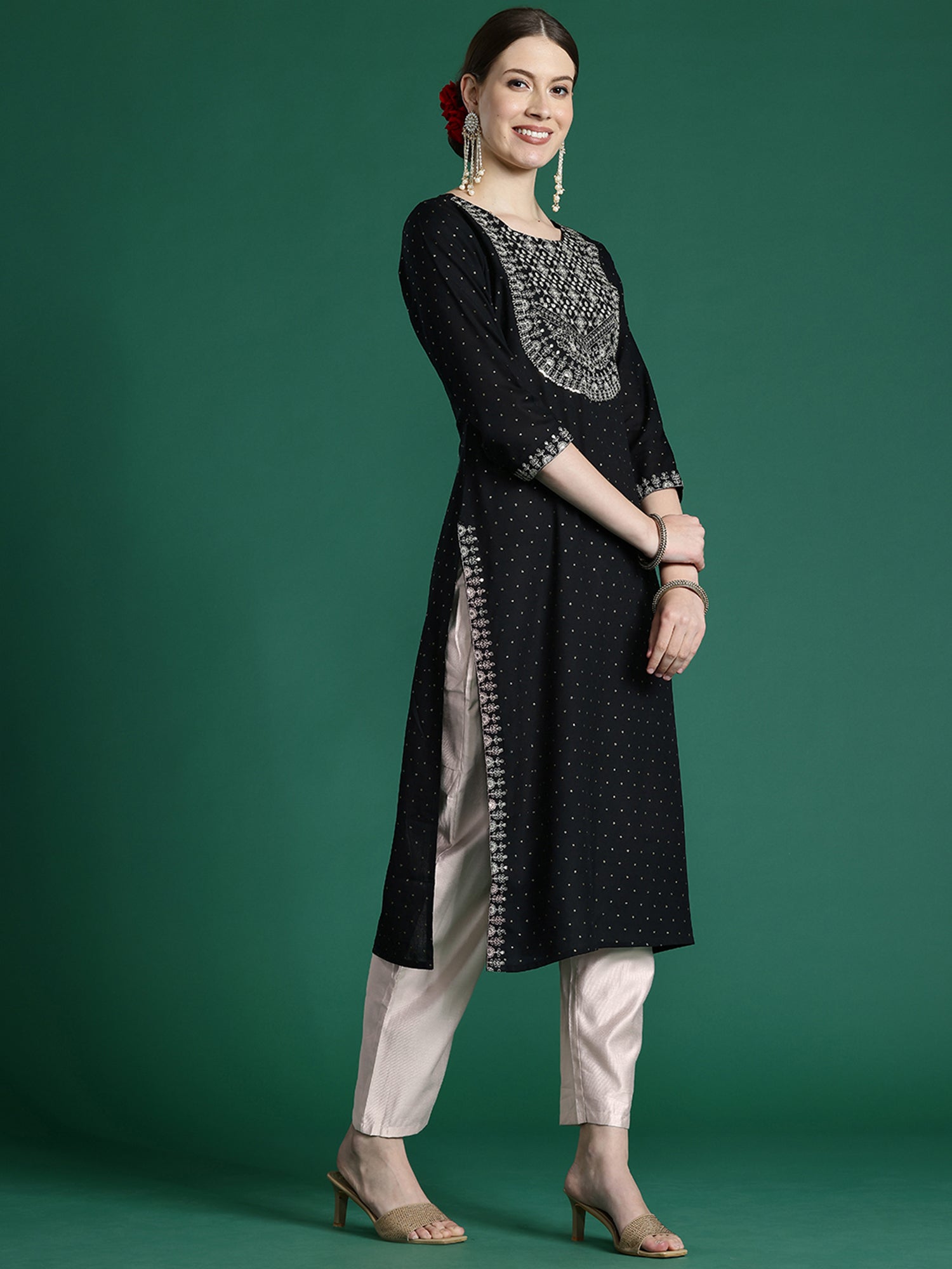 Indo Era Black Embroidered Straight Kurta - Distacart