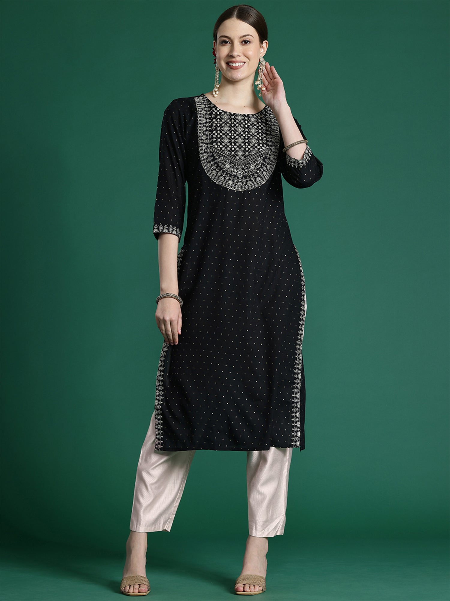 Indo Era Black Embroidered Straight Kurta - Distacart