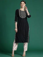 Thumbnail for Indo Era Black Embroidered Straight Kurta - Distacart