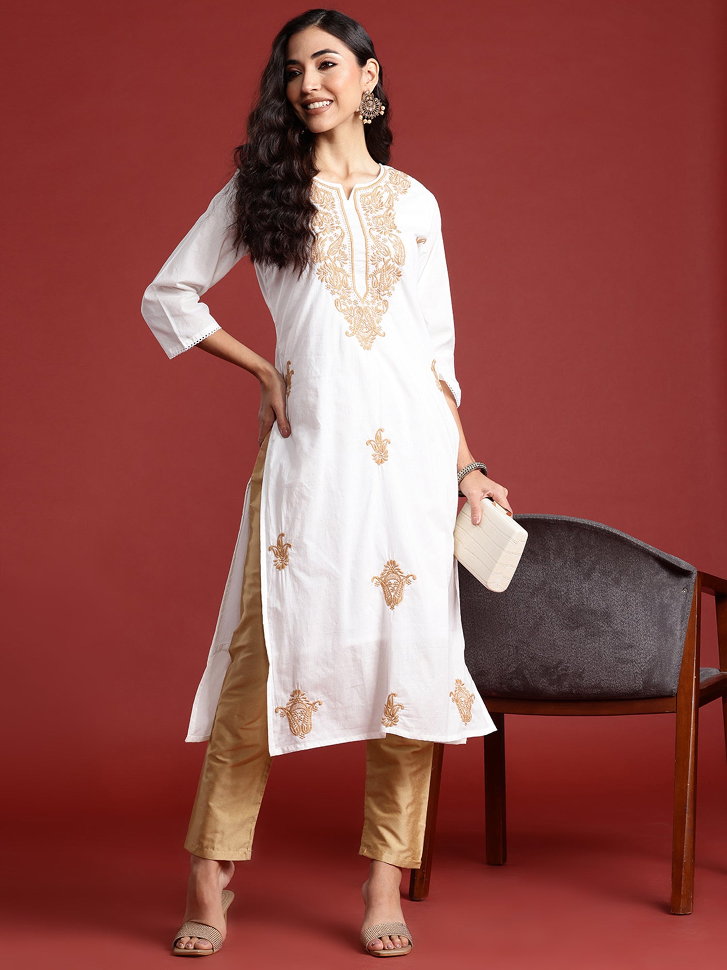 Indo Era White Embroidered Straight Kurta - Distacart