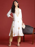 Thumbnail for Indo Era White Embroidered Straight Kurta - Distacart