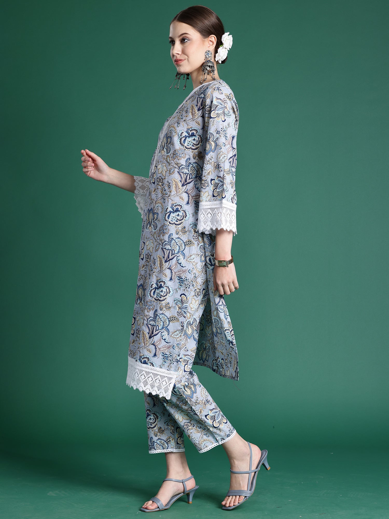 Indo Era Blue Printed Straight Kurta Trousers set - Distacart