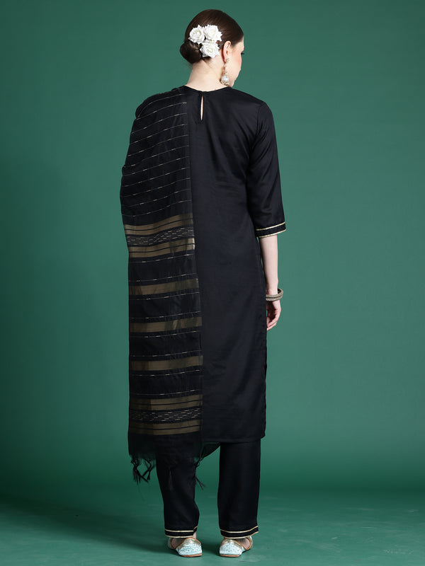 Indo Era Black Self Design Straight Kurta Trousers With Dupatta set - Distacart