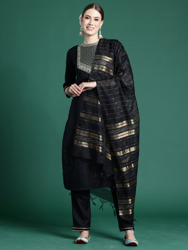 Indo Era Black Self Design Straight Kurta Trousers With Dupatta set - Distacart
