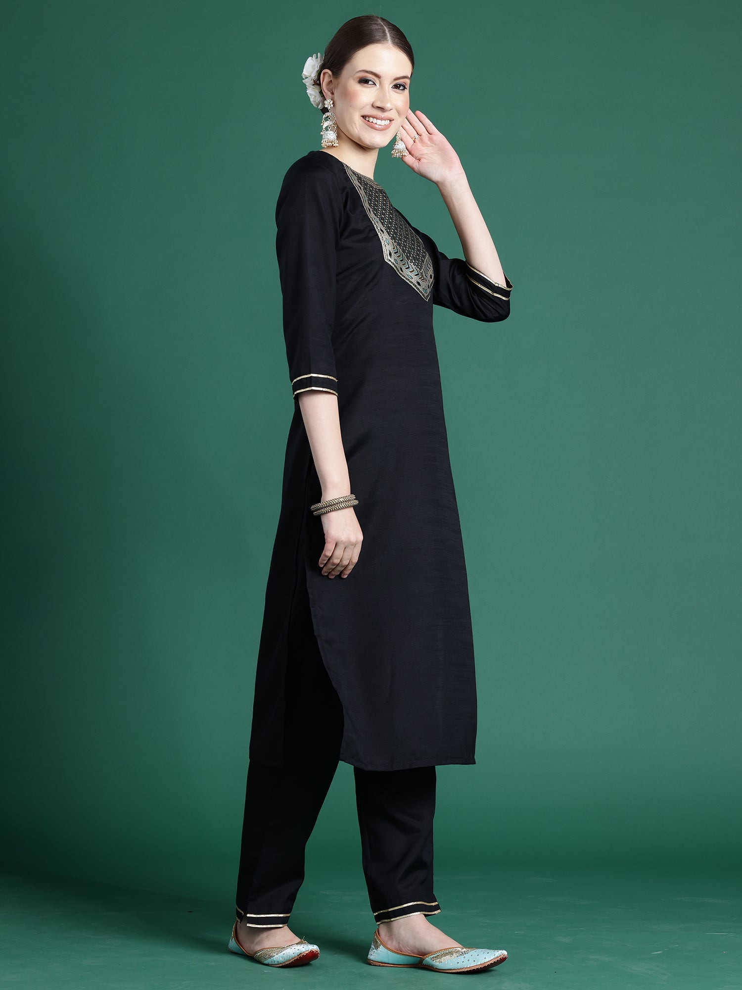Indo Era Black Self Design Straight Kurta Trousers With Dupatta set - Distacart