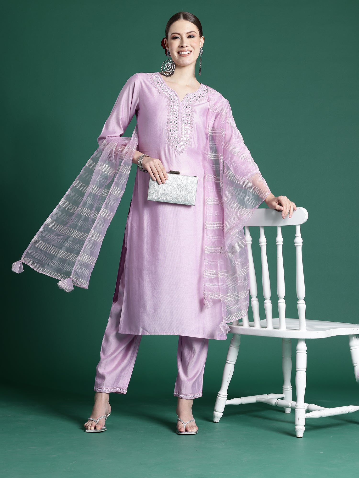 Indo Era Lavender Embroidered Straight Kurta Trousers set - Distacart
