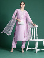 Thumbnail for Indo Era Lavender Embroidered Straight Kurta Trousers set - Distacart