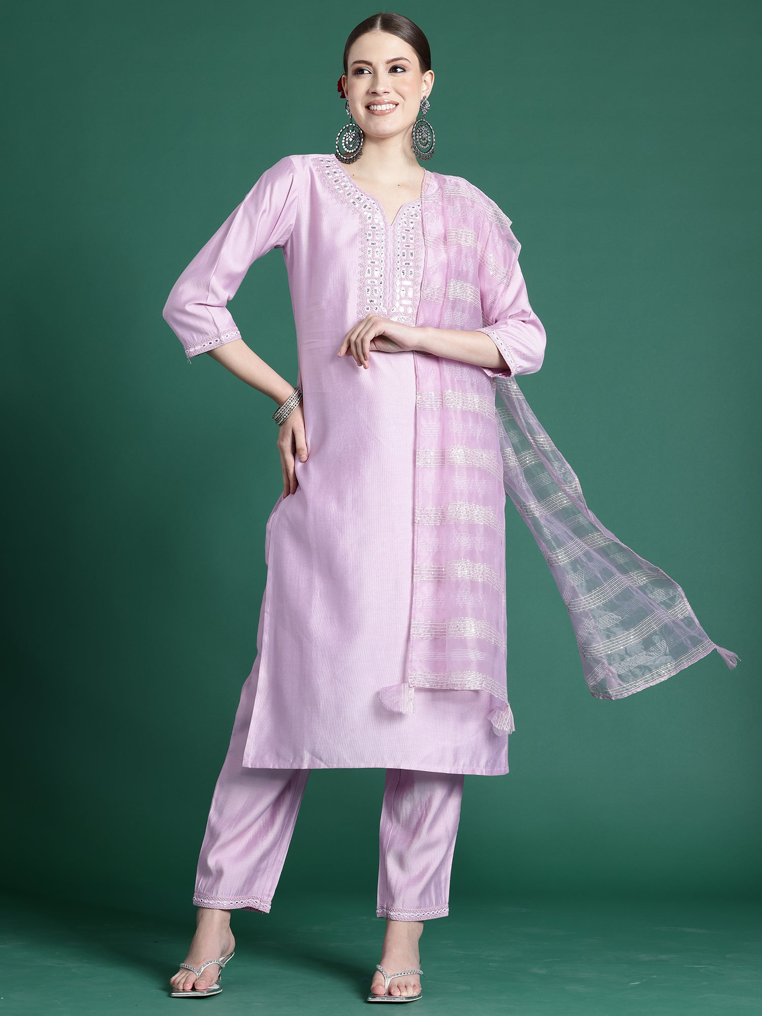 Indo Era Lavender Embroidered Straight Kurta Trousers set - Distacart