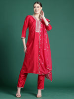 Thumbnail for Indo Era Pink Embroidered Straight Kurta Trousers With Dupatta set - Distacart