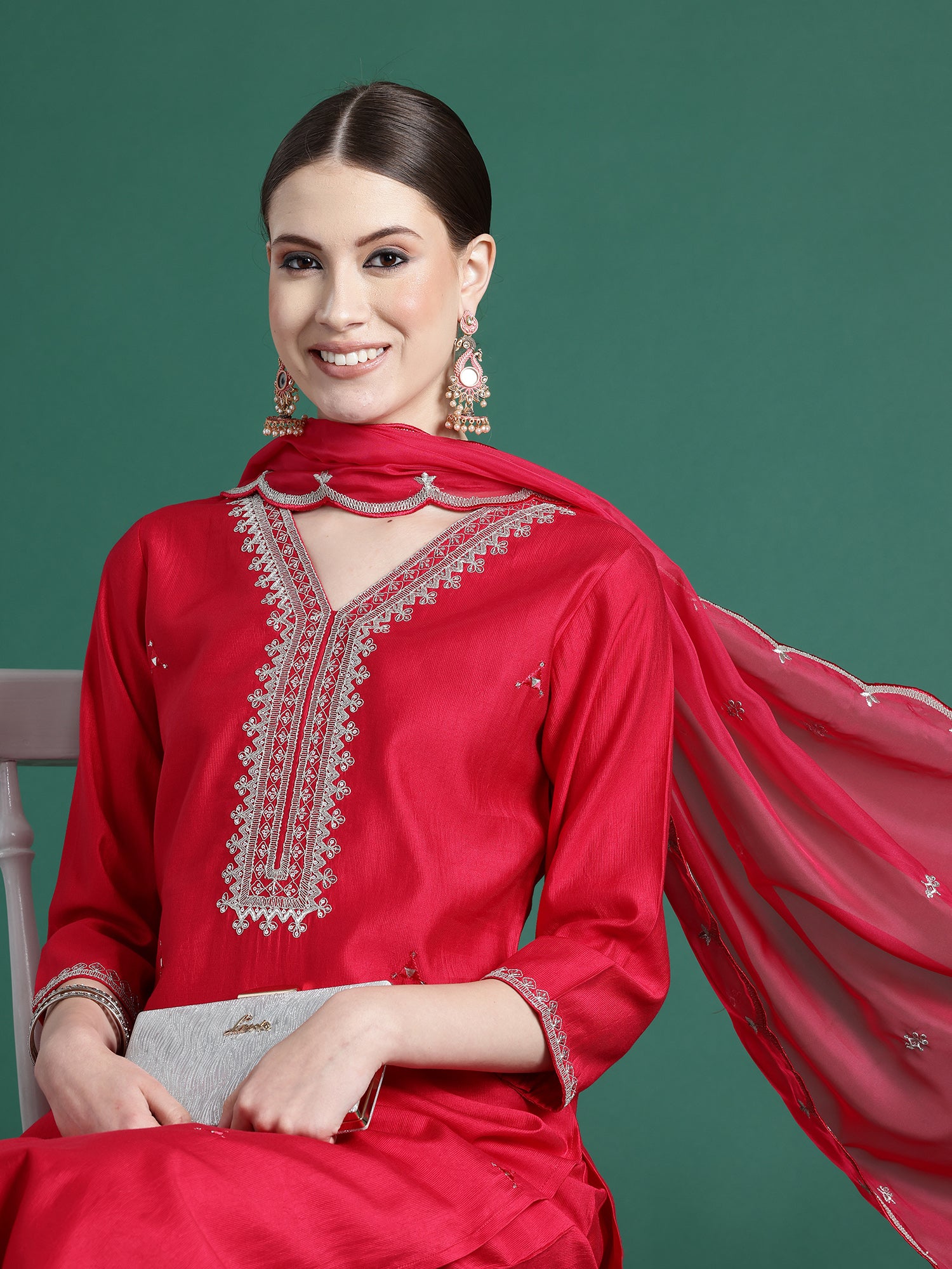 Indo Era Pink Embroidered Straight Kurta Trousers With Dupatta set - Distacart