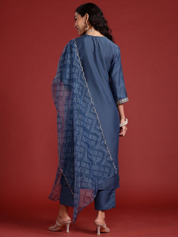 Indo Era Grey Embroidered Straight Kurta Trousers With Dupatta set - Distacart