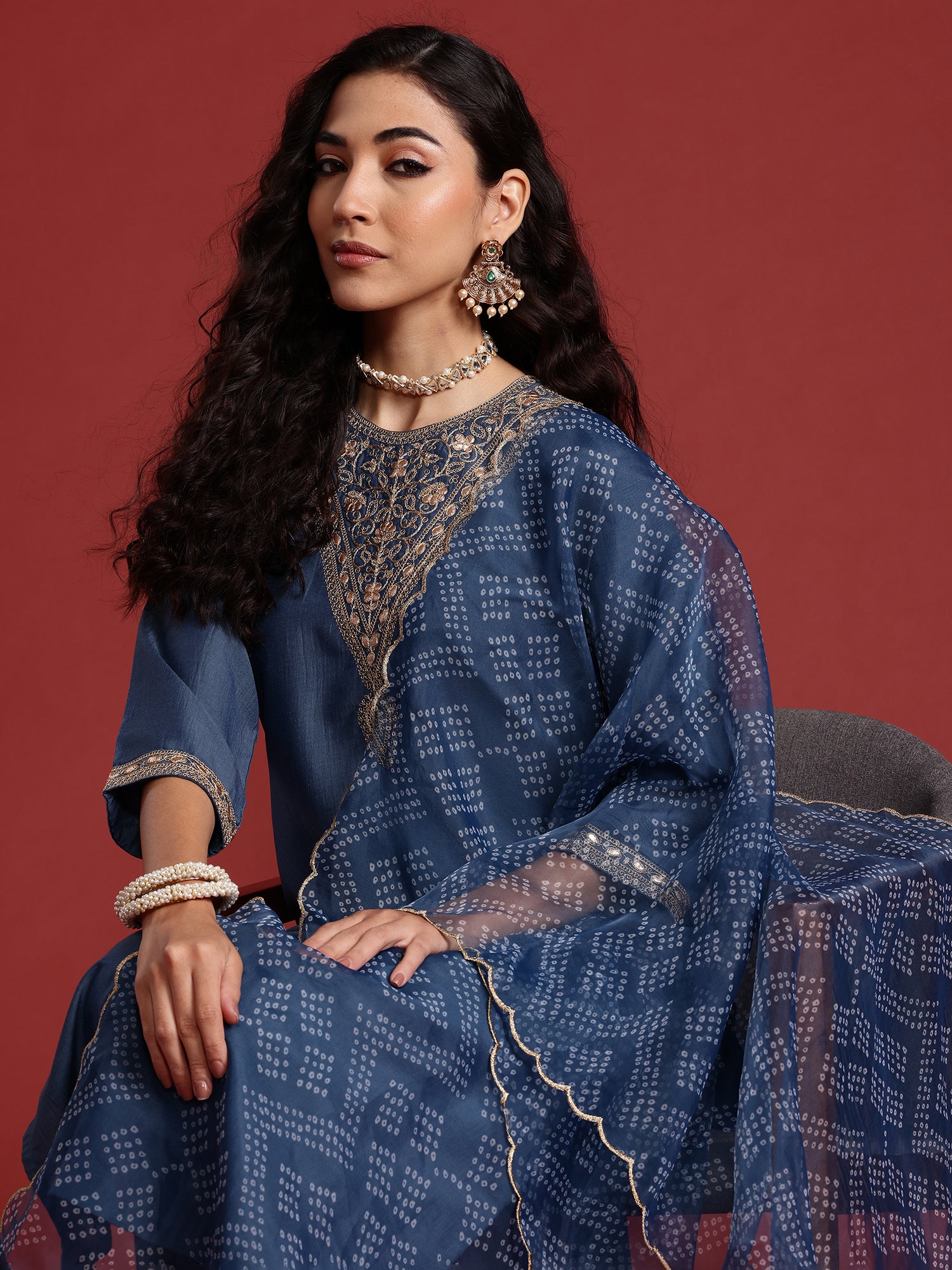 Indo Era Grey Embroidered Straight Kurta Trousers With Dupatta set - Distacart