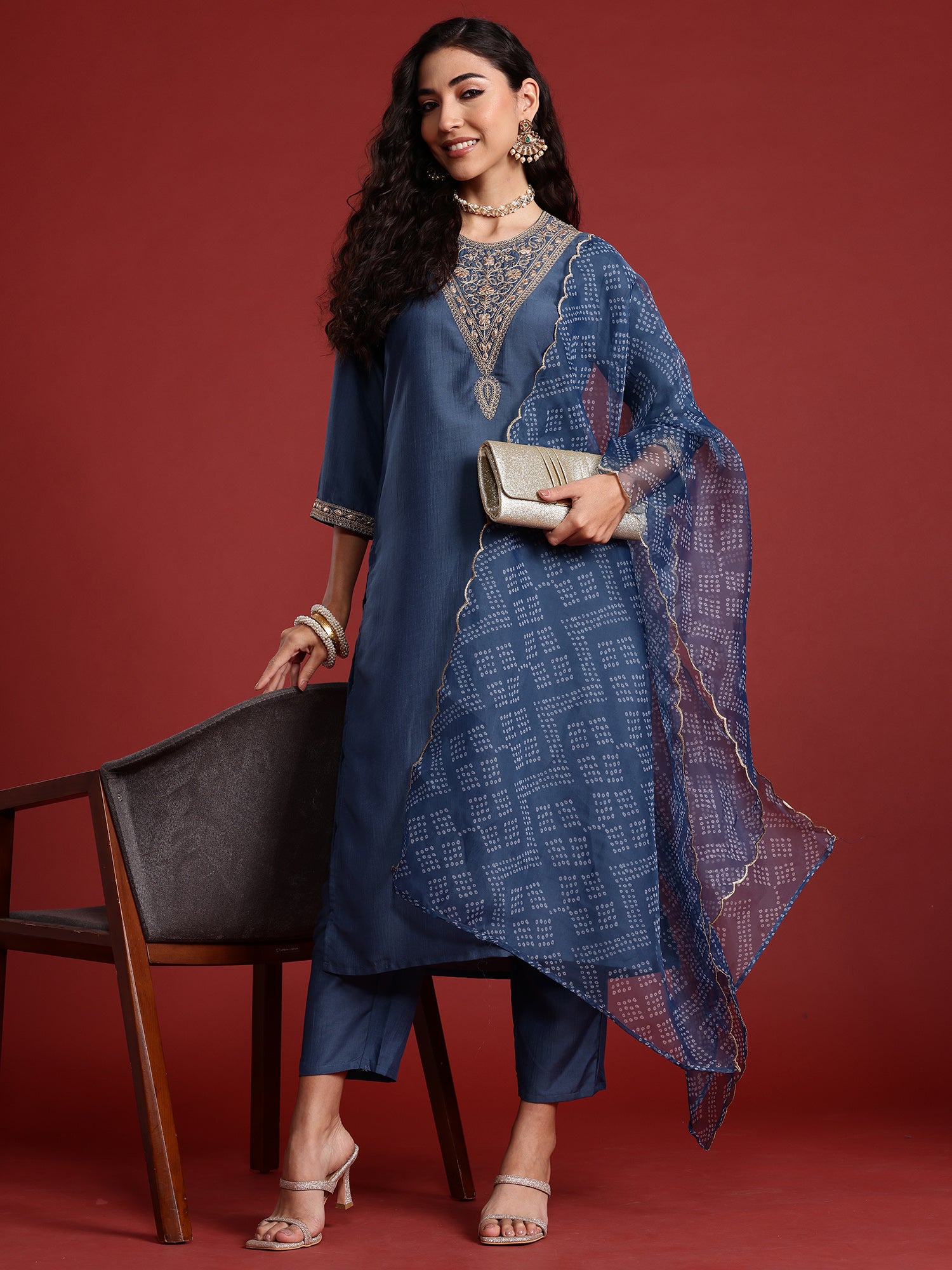 Indo Era Grey Embroidered Straight Kurta Trousers With Dupatta set - Distacart
