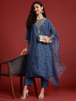 Thumbnail for Indo Era Grey Embroidered Straight Kurta Trousers With Dupatta set - Distacart
