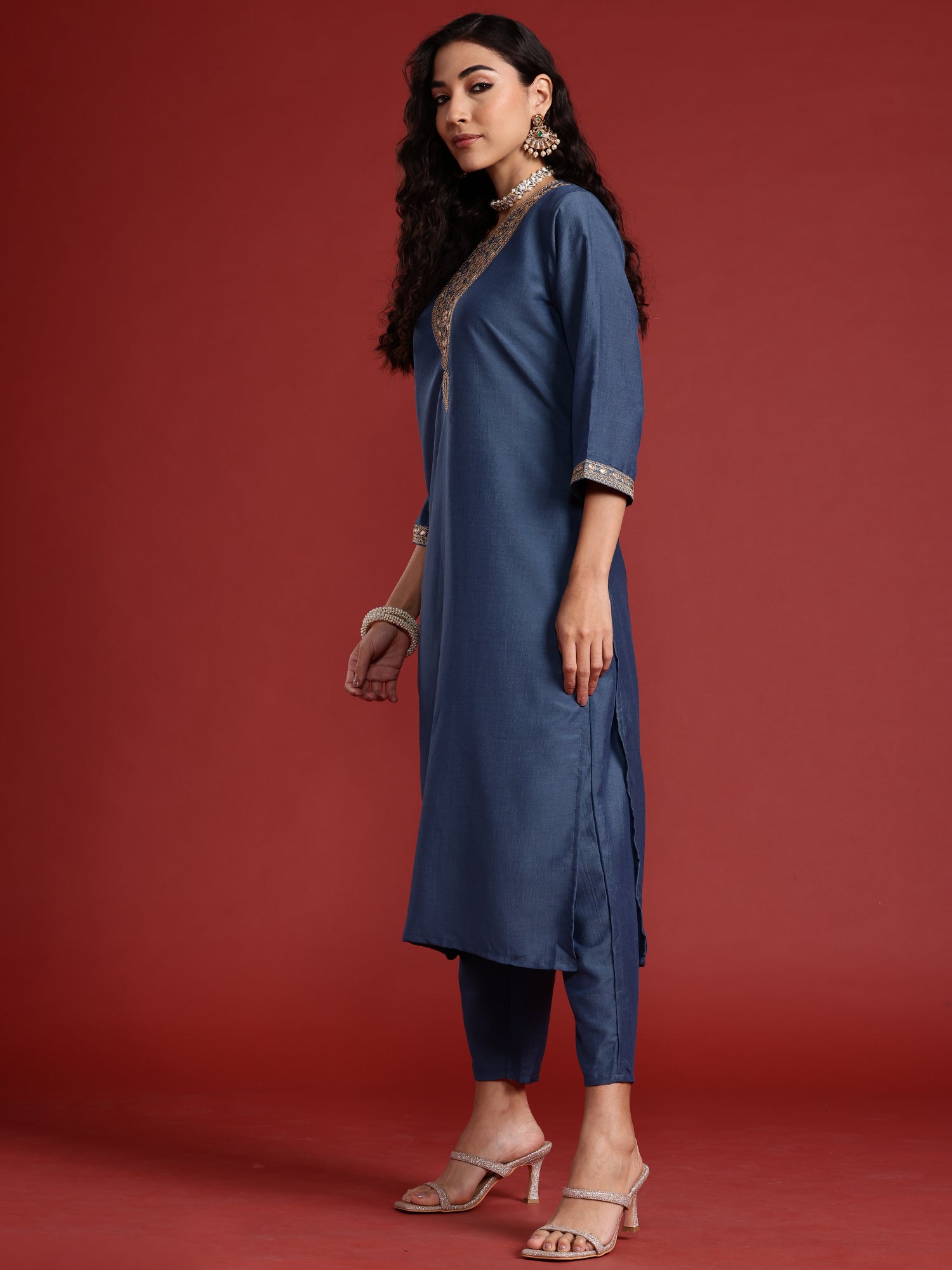 Indo Era Grey Embroidered Straight Kurta Trousers With Dupatta set - Distacart