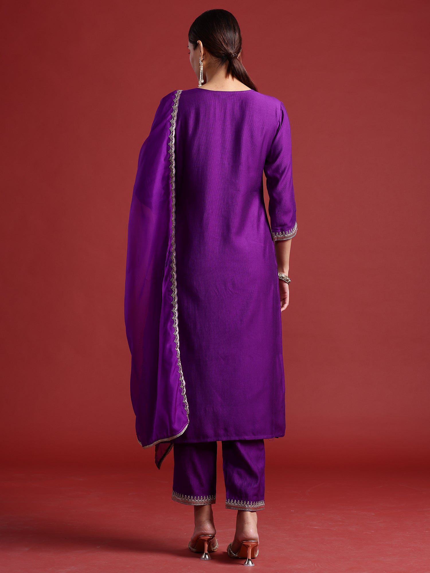 Indo Era Purple Embroidered Straight Kurta Trousers With Dupatta set - Distacart