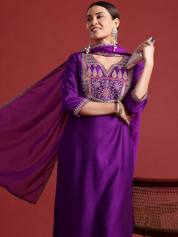 Indo Era Purple Embroidered Straight Kurta Trousers With Dupatta set - Distacart