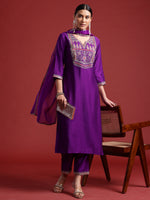 Thumbnail for Indo Era Purple Embroidered Straight Kurta Trousers With Dupatta set - Distacart