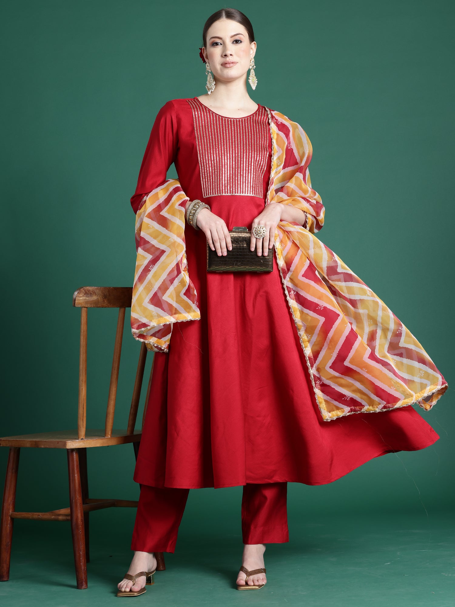Indo Era Red Embroidered A-Line Kurta Trousers With Dupatta set - Distacart