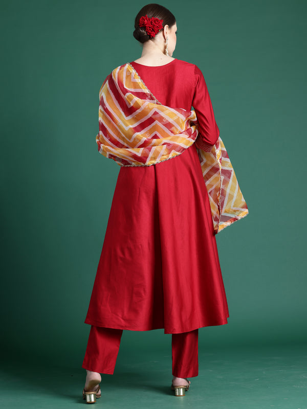 Indo Era Red Embroidered A-Line Kurta Trousers With Dupatta set - Distacart