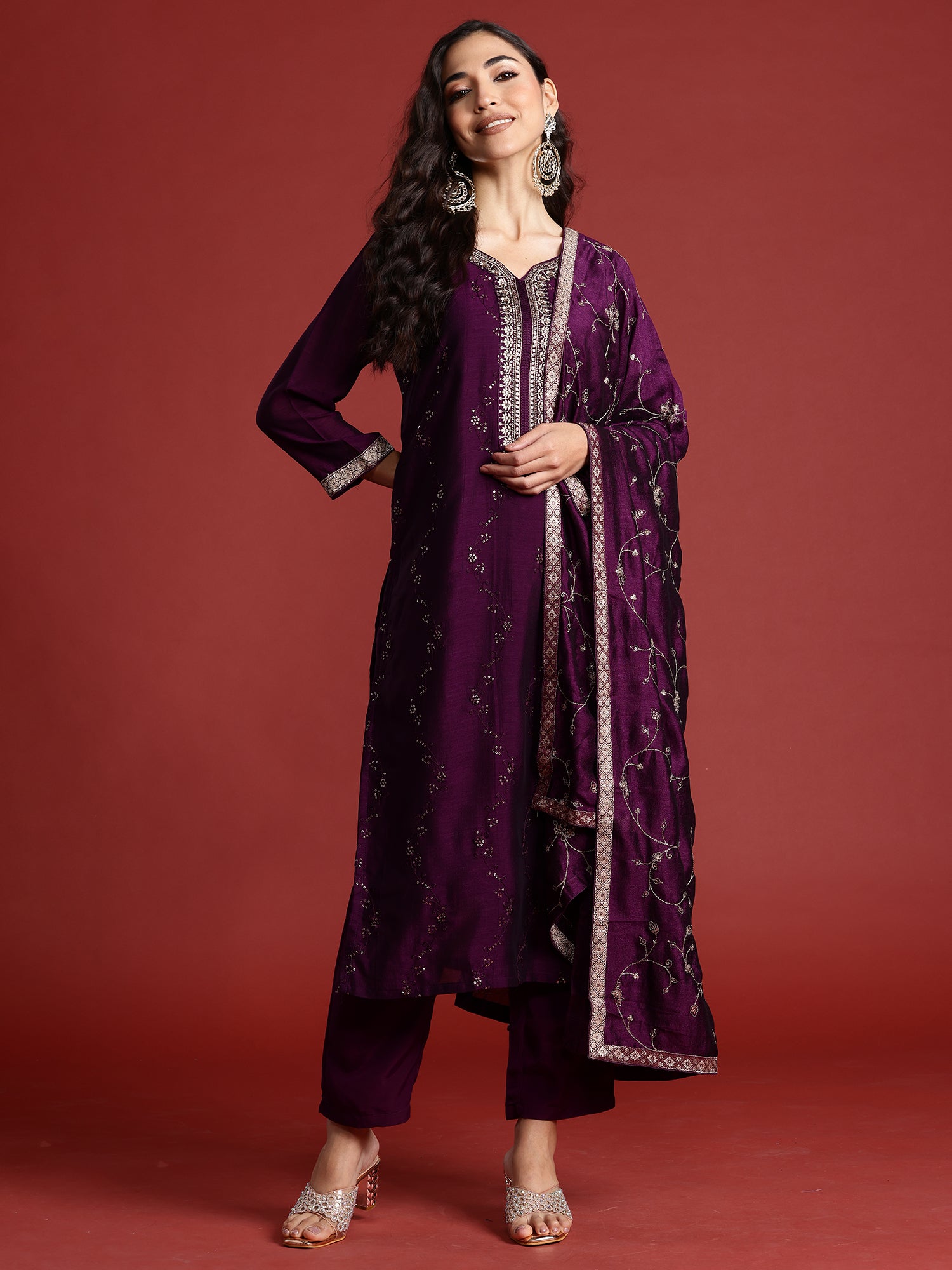Indo Era Purple Embroidered Straight Kurta Trousers With Dupatta set - Distacart