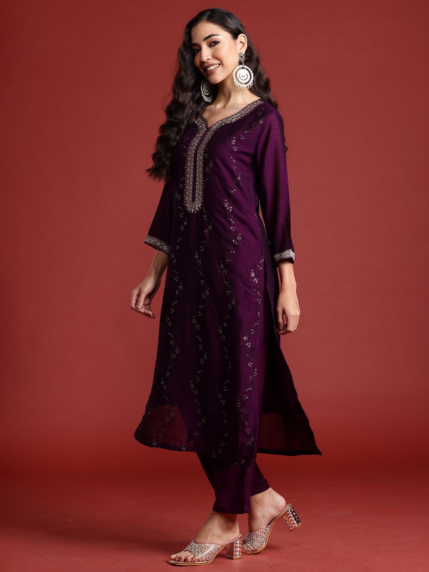 Indo Era Purple Embroidered Straight Kurta Trousers With Dupatta set - Distacart