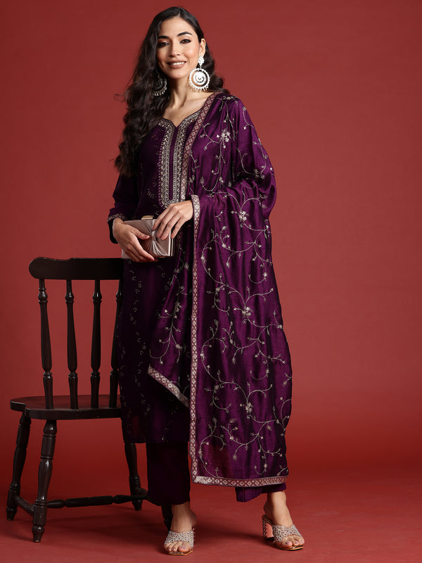 Indo Era Purple Embroidered Straight Kurta Trousers With Dupatta set - Distacart