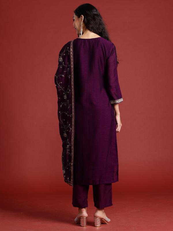 Indo Era Purple Embroidered Straight Kurta Trousers With Dupatta set - Distacart