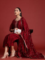 Thumbnail for Indo Era Maroon Embroidered Straight Kurta Trousers With Dupatta set - Distacart