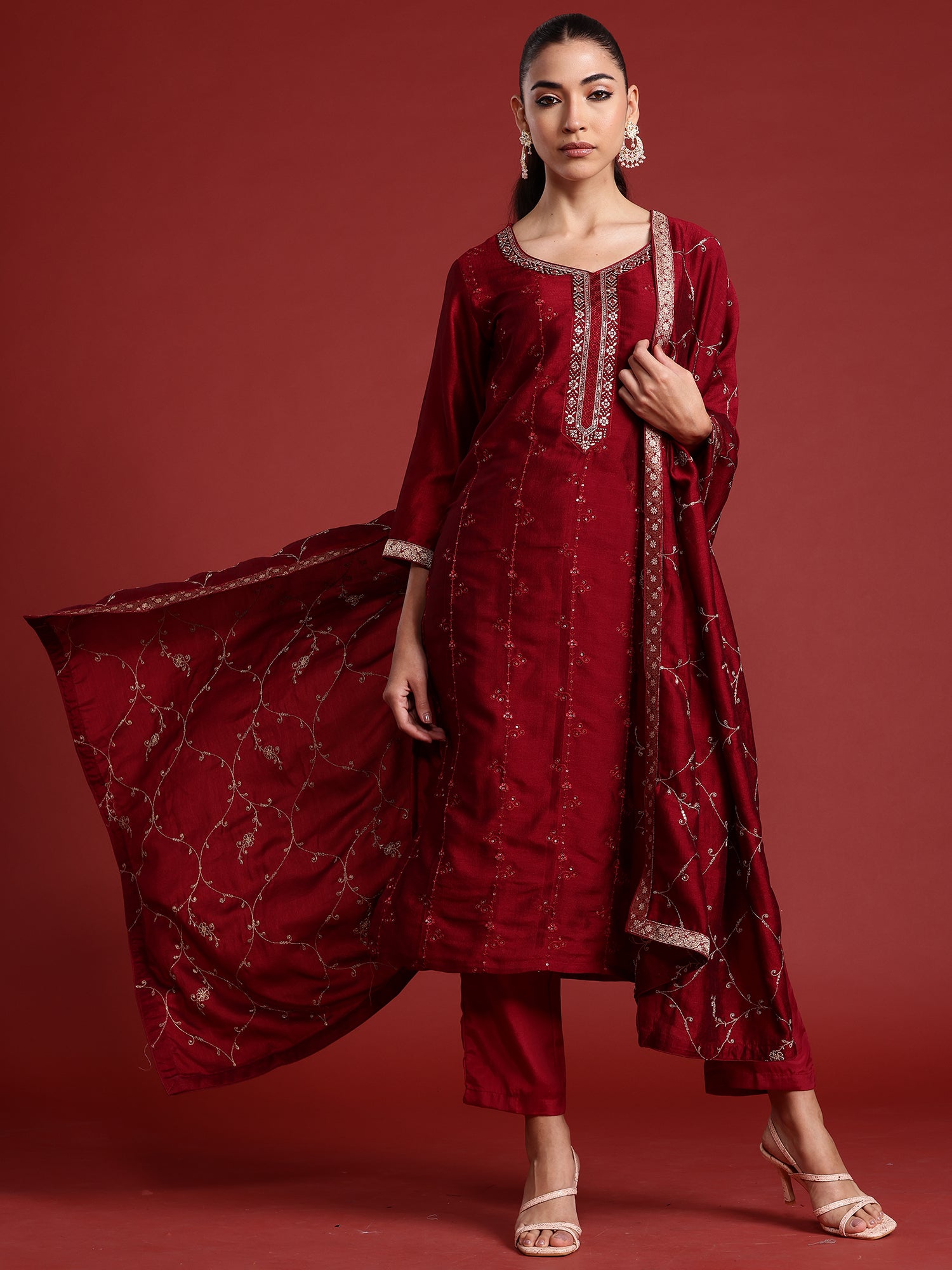 Indo Era Maroon Embroidered Straight Kurta Trousers With Dupatta set - Distacart