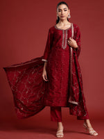 Thumbnail for Indo Era Maroon Embroidered Straight Kurta Trousers With Dupatta set - Distacart