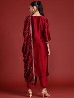Thumbnail for Indo Era Maroon Embroidered Straight Kurta Trousers With Dupatta set - Distacart