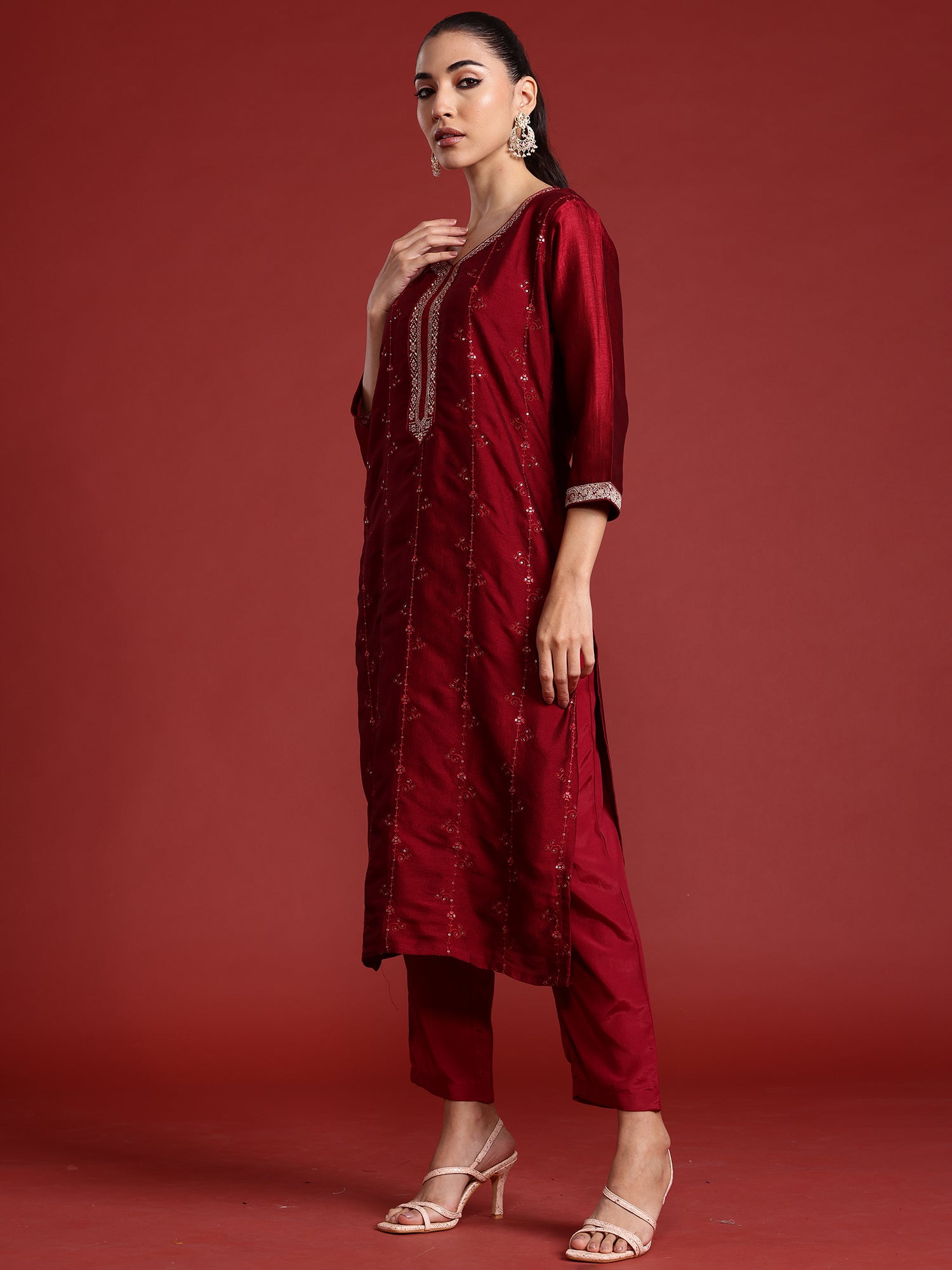 Indo Era Maroon Embroidered Straight Kurta Trousers With Dupatta set - Distacart